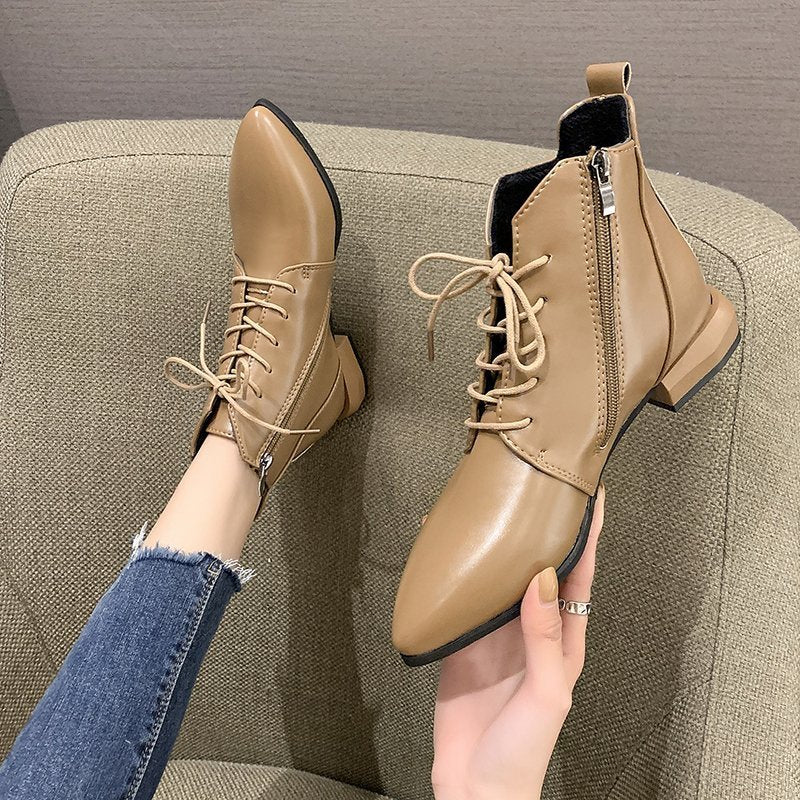 Women's Ankle Boots British Style Thick And Pointed Toe Low Heel Short Boots PU Leather Simple Comfortable