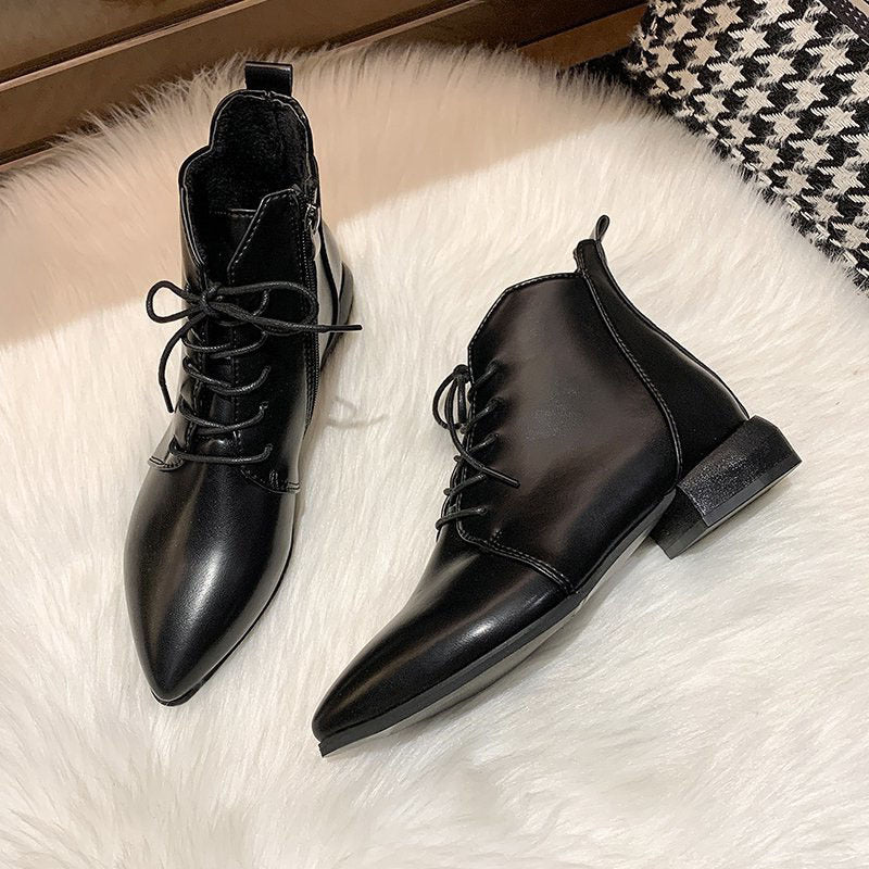 Women's Ankle Boots British Style Thick And Pointed Toe Low Heel Short Boots PU Leather Simple Comfortable